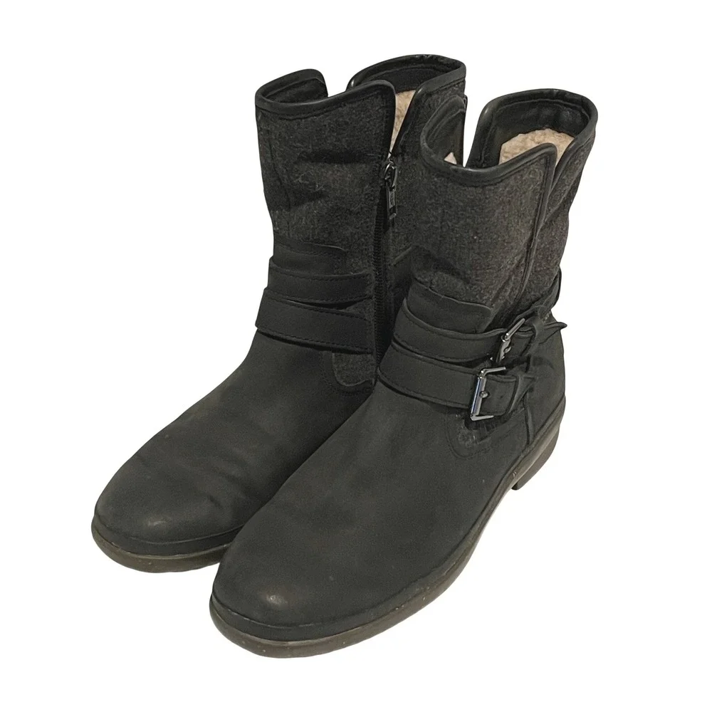 UGG‎ Simmens Waterproof Boot Womens 8.5 Black Leather Wool Moto Buckle 1005285